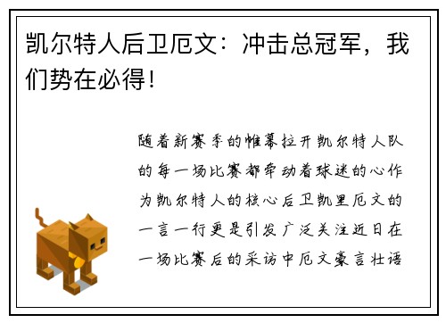 凯尔特人后卫厄文：冲击总冠军，我们势在必得！